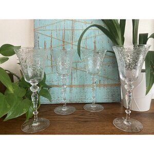 Set Of 4 Vintage Rock Sharpe Floral Etched Crystal 8.5" Water Wine Goblets